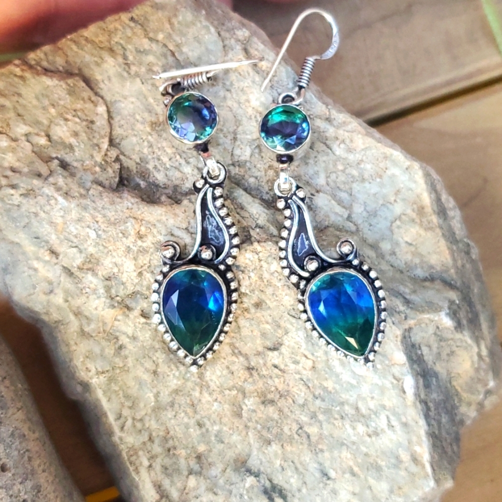 New Bi-Color Tourmaline & Blue Topaz 925 Silver Earrings.